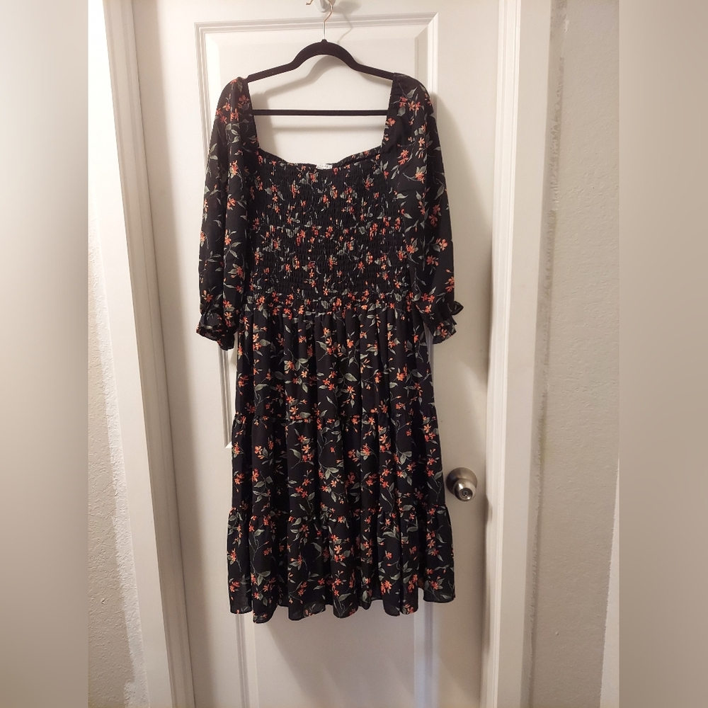 Baltic Born Black Floral Smocked Top Midi Dress 1XL